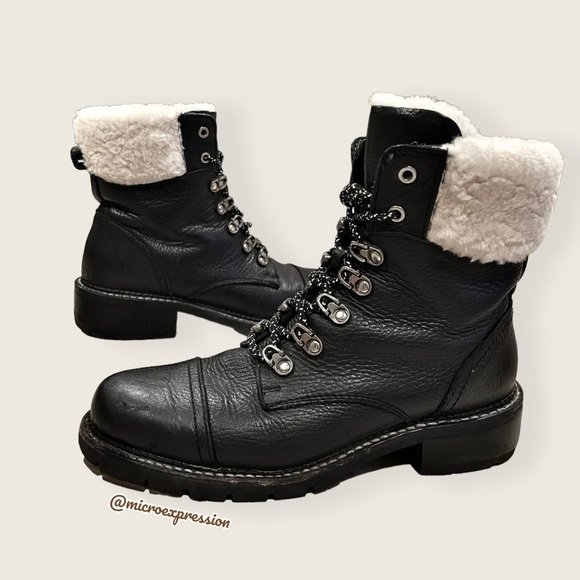 $399 Frye Samantha Black Real Leather Lace Up Shearling Fur Hiking Ankle Boot - Picture 16 of 16